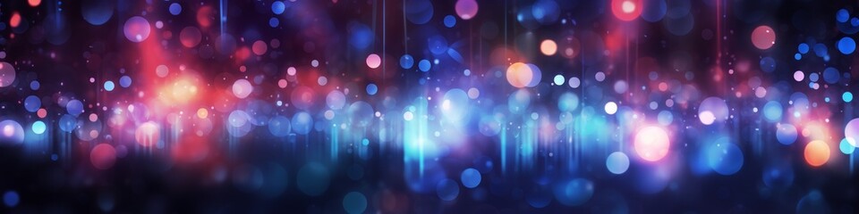 A colorful, abstract background with many small, bright dots, blurred bokeh backdrop, banner, digital navy color