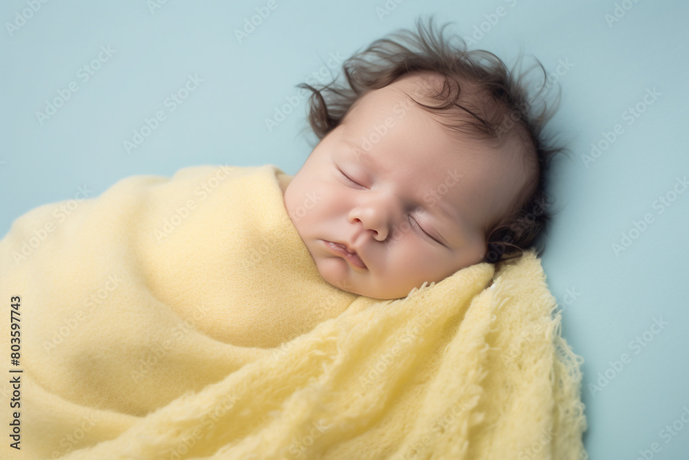 Wall mural imagine A sleepy baby boy with tousled hair, wrapped in a soft yellow blanket, lying against a pale blue background. - Wall murals