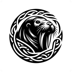 Walrus silhouette in animal celtic knot, irish, nordic illustration