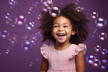 imagine A little girl with curly hair and a bright smile, wearing a frilly pink dress, blowing bubbles against a pastel purple backdrop.