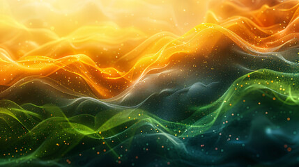 Dynamic Abstract Art: Flowing Waves of Vibrant Orange and Green Colors with Sparkling Textures and...