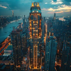 Obraz premium The tall, majestic office building for business seen at night with the lights on is observed from above, captured by a drone camera