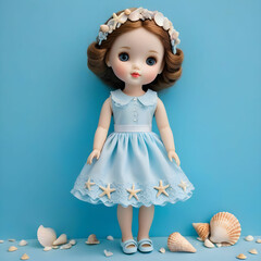 Cute Brunette Doll in Blue Dress Summer Doll with Seashells 