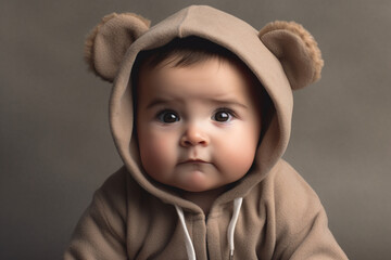 A baby boy with big brown eyes and chubby cheeks, wearing a bear onesie, sitting against a soft gray background.