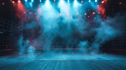 A theatre stage with lights on and smoke. Add text. Graphic design. 