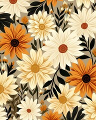 Autumn acid flowers, warm earth tones, seamless vector pattern, flat illustration, perfect for fall seasonal greeting cards ,  flat graphic drawing
