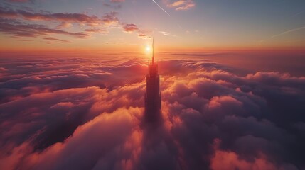 Tower in the Sky: Aerial Photography of a Tower Piercing Through Clouds - Powered by Adobe
