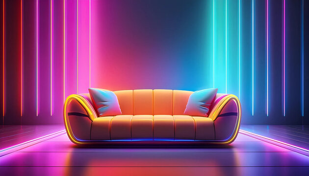 neon purple background with sofa