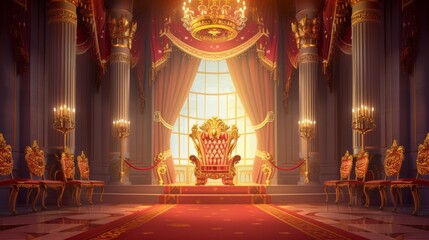 Throne of golden throne sat on pedestal with golden crown in the hall of a castle, with red carpet and wall curtains, flags, columns, chandelier, roses and candles. cartoons. Illustrations
