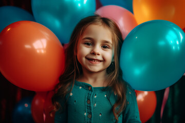 imagine A little girl with bright eyes and a playful expression, standing against a vibrant turquoise backdrop, holding a bunch of colorful balloons.