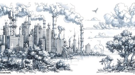 Bustling Cityscapes Amid Environmental Challenges A Cross Hatched of Sustainability and Climate Impact