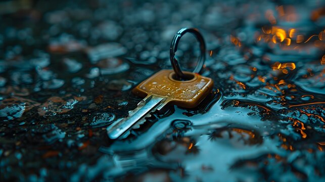 Low Angle Closeup Photography Of A Lost Car Keys In Rain/Flood, Lost Keys? Car Keys in Puddle - Wet Key Emergency, 