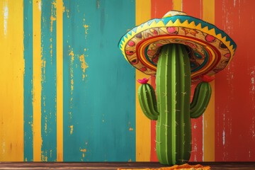 Cactus wearing traditional mexican sombrero hat on bright colorful striped background. Cinco de Mayo. Viva Mexico. Traditional latin holiday, party or fiesta funny creative concept. Copy space