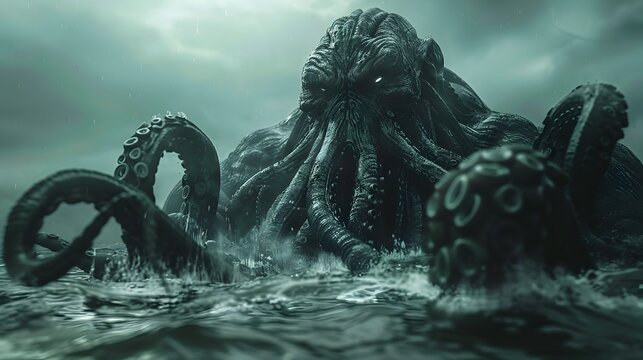 Cthulhu the Primordial Sea Creature Emerging from the Depths of the Ominous Ocean with Its Colossal Tentacles and Monstrous Visage Evoking a Sense of