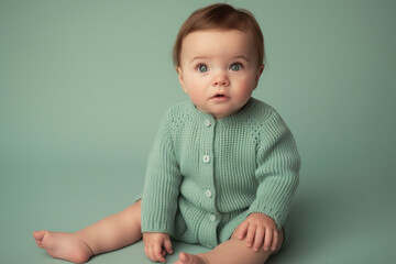 Fototapeta premium imagine An adorable baby boy with rosy cheeks, wearing a knitted romper, sitting against a mint green background.