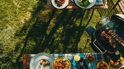 An overhead view of a table set with delicious cuisine and a barbecue grill, surrounded by lush green grass in a picturesque landscape setting AIG50