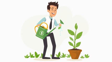 Animated illustration of male cartoon character watering money plant. Describe profit, earning,...