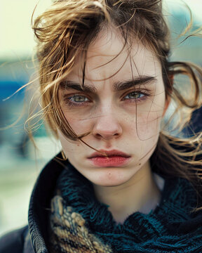 A young woman looks toward the lens with an offended, frowning expression, hair in the wind.
