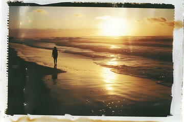 Vintage Instant Film Capture of Beach Sunset and Lone Wanderer