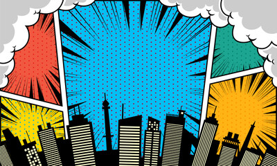 Colorful comic scene background with city silhouette © anggi wibisono