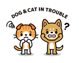 Simple and cute character illustration of dog and cat in trouble