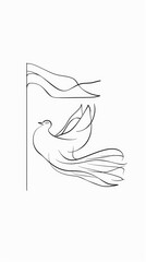 Line art illustration, elegant continuous line drawing of a dove with a small flag, against a blank background providing substantial copy space for thoughtful messages