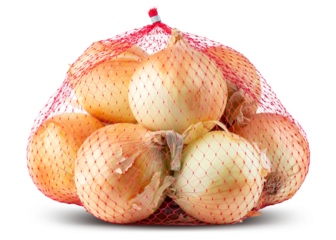 Onion. Yellow and sweet onion. White isolated background. Flavorful and delicious farm vegetables in mesh bag. Fishnet bag of onions. Good for cooking after grocery. Nutritious white vegetable. Nature