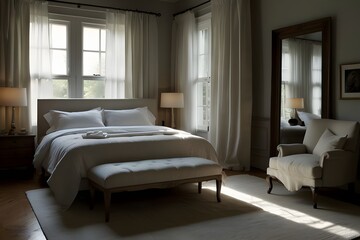 A tranquil bedroom adorned with soft linens and fluffy pillows, with moonlight streaming in through sheer curtains