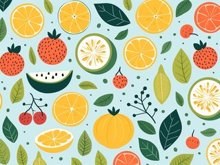 Bright and cheerful fruits, colorful seamless pattern, flat vector graphic for playful wall paper ,  flat graphic drawing