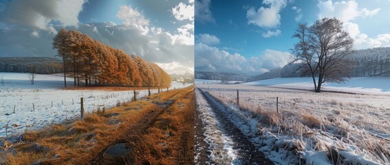 On the left side show the same landscape in bad weather, windy and rainy. On the right side, show the same image with blue skies and sunshine