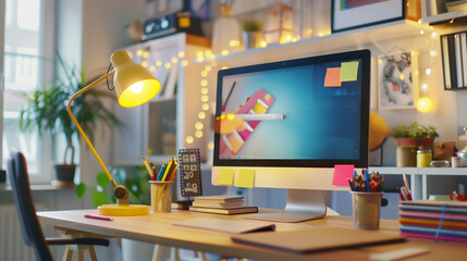 Creative Workspace with Computer and Design Tools