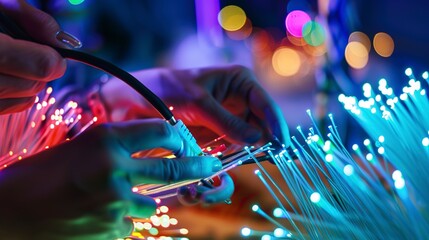 Technician securing fiber optic cables, close-up, detailed connections and vibrant colors