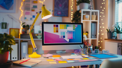 Creative Workspace with Computer and Design Tools