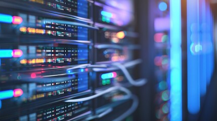 Naklejka premium Testing server resilience under heavy load, close-up, detailed performance metrics on screens