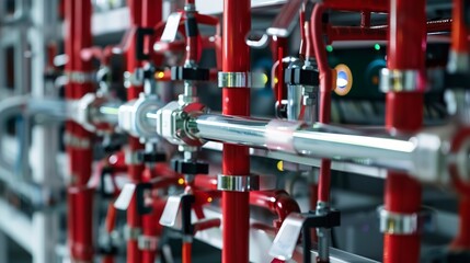 Configuring fire suppression system in a server room, close-up, detailed nozzles and sensors 