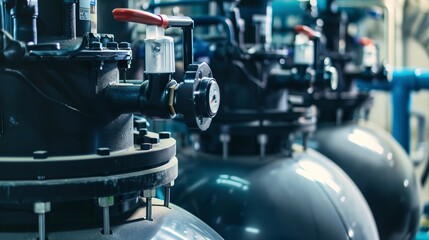 Water purification system maintenance, close-up, detailed filters and control valves