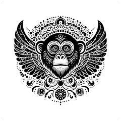 monkey silhouette in bohemian, boho, nature illustration