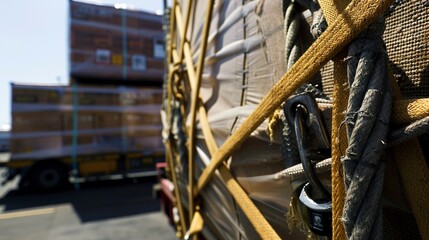 Close-up of securing straps on freight, detailed ratchet tie-down and heavy cargo 