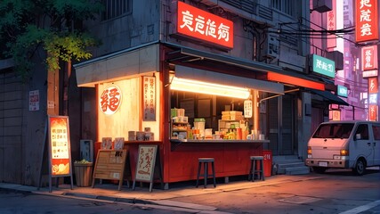 A classic Japanese ramen stall on the city street with beautiful lights.
