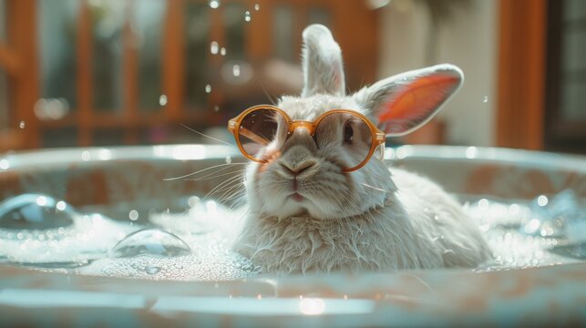 Playful White Rabbit Relaxing in Hot Tub with Sunglasses, Canon EOS R6 Camera, 24-70mm Lens, Afternoon Sunlight, Vibrant Style, Fujifilm Superia X-tra 400
