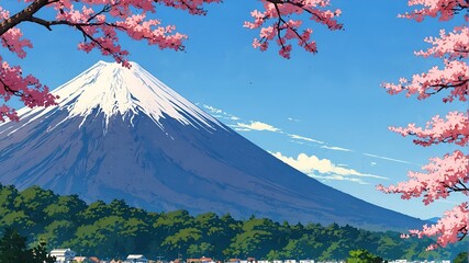 A panoramic view of Mount Fuji and gorgeous Sakura cherry blossoms.