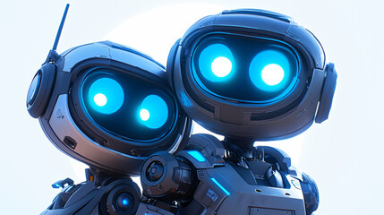 A male and female robot looks into the camera, happy faces, a white background, green eyes, and silver body parts