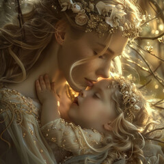 Golden Hour Embrace: A Mother and Daughter Share a Moment in Sunlit Splendor