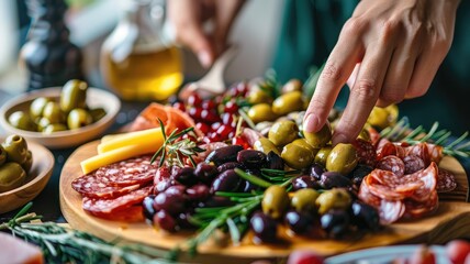 Person preparing charcuterie board with variety of meats, olives, and cheese