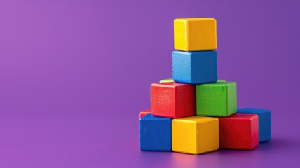 Colorful blocks stacked in pyramid shape on purple background