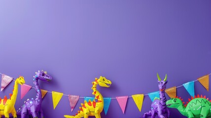 Colorful paper dinosaurs and festive garland against purple background