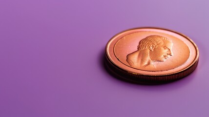 Single coin on purple surface with profile embossed
