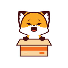 Cute Fox with happy expression in a Box, Pet Logo Concept, vector icon, vector logo, vector sign, hand drawing vector, Designing Hope, Logo for Pet Adoption