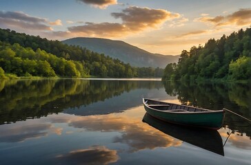 Fototapeta premium lake in the mountains Golden Reflections Tranquil Lakeside Sunset