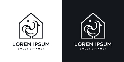 chicken house logo design vector. house and chicken vector logo icon in line style © sang